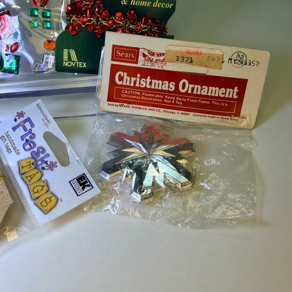 Vintage Christmas Craft Lot Sears Ornament Kmart Wood Sign Novtex Trim Gift Tags